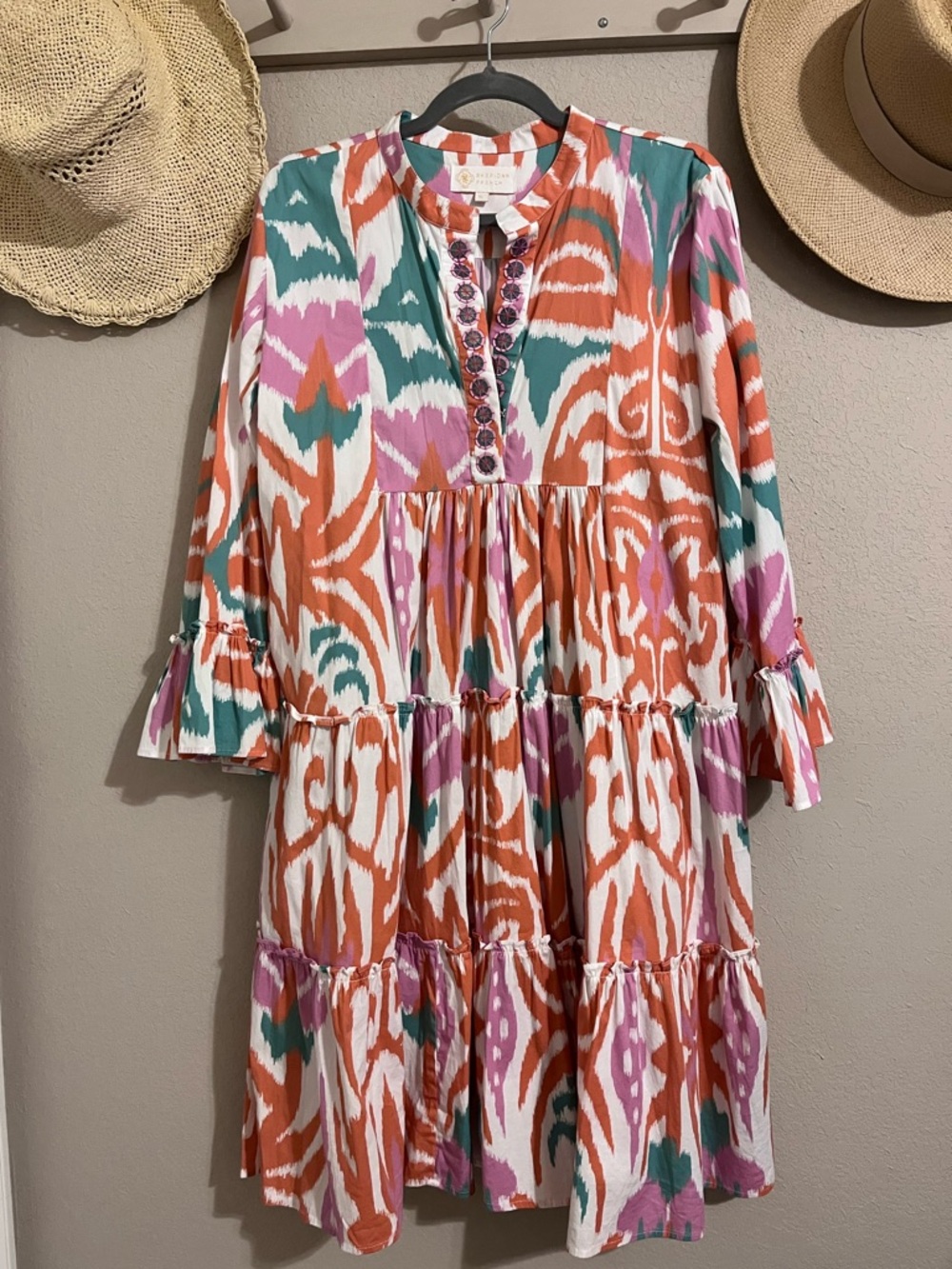 Sheridan French Colorful Ikat Tiered Shift Dress - Coral, Pink & Teal XL - Picture 5 of 7